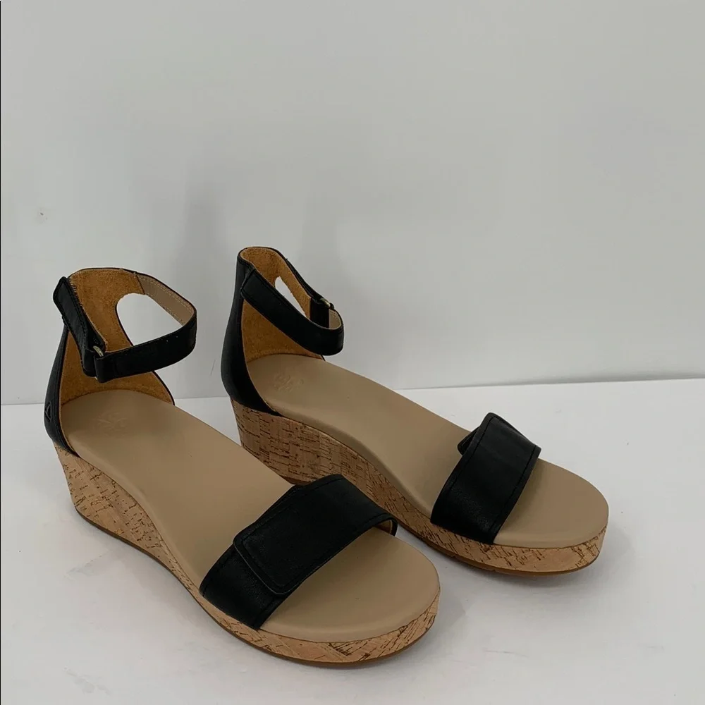 ABEO Cecile wedge espadrille sandals shoe black leather ankle strap comfort 9